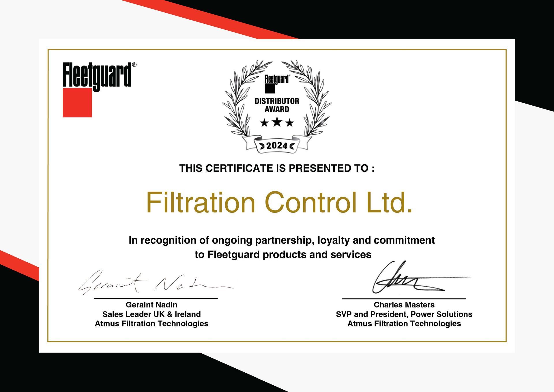 Filtration Control Ltd. receives Fleetguard Distributor of the Year Award.