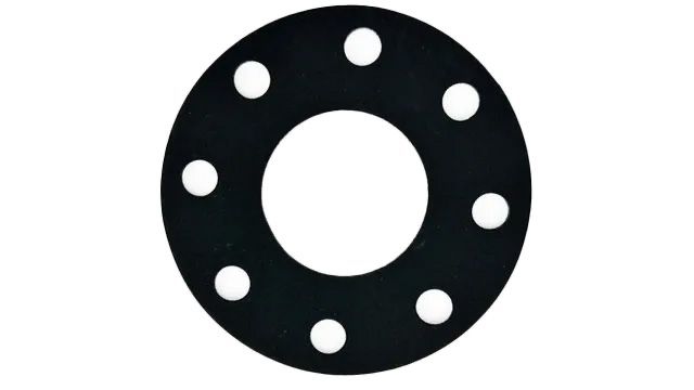Round black gasket with holes for sealing applications.