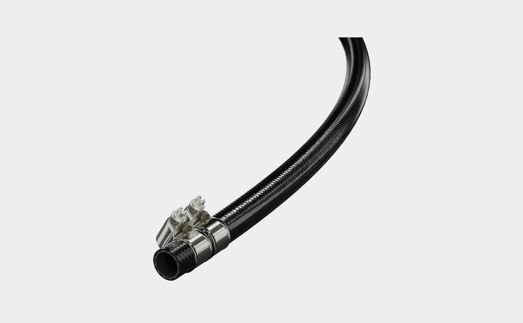 Heavy-duty black industrial hose with metal fittings.