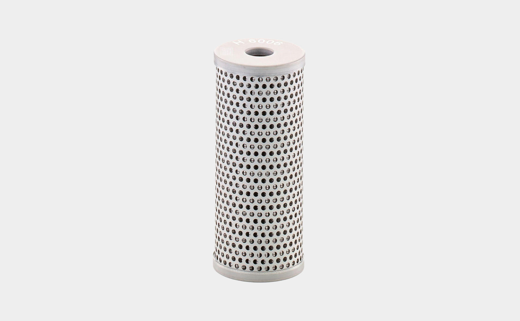 White hydraulic filter on a light grey background, showcasing its sleek design and functionality for fluid filtration.