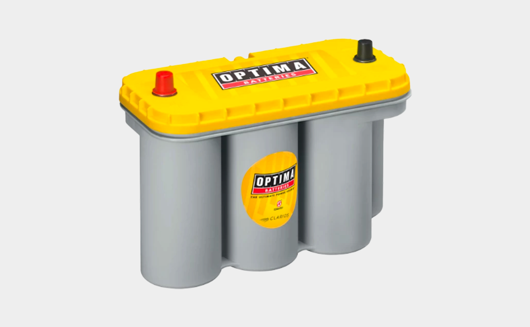 A grey Optima battery with a yellow top featuring red and black terminal posts, designed for high-performance applications.