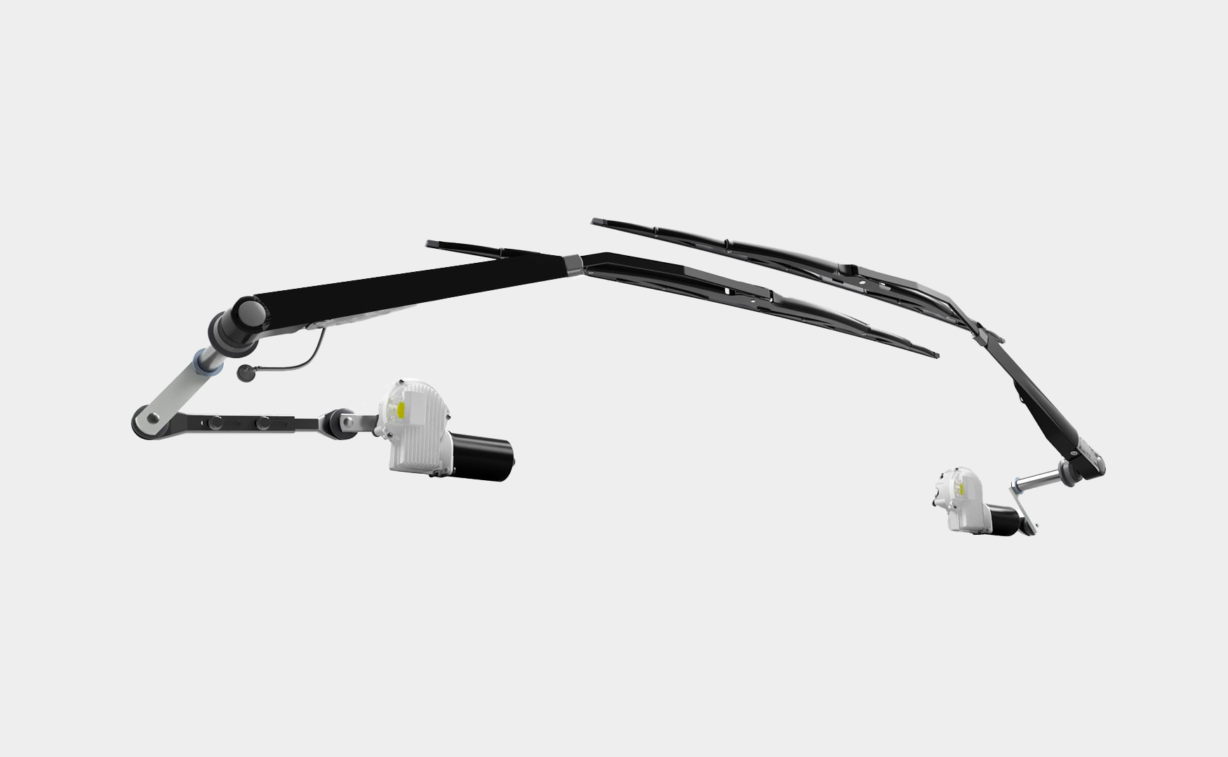 Two black windshield wipers with attached silver motors designed for efficient rain clearance.