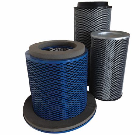 A set of blue and black air filters for industrial use.