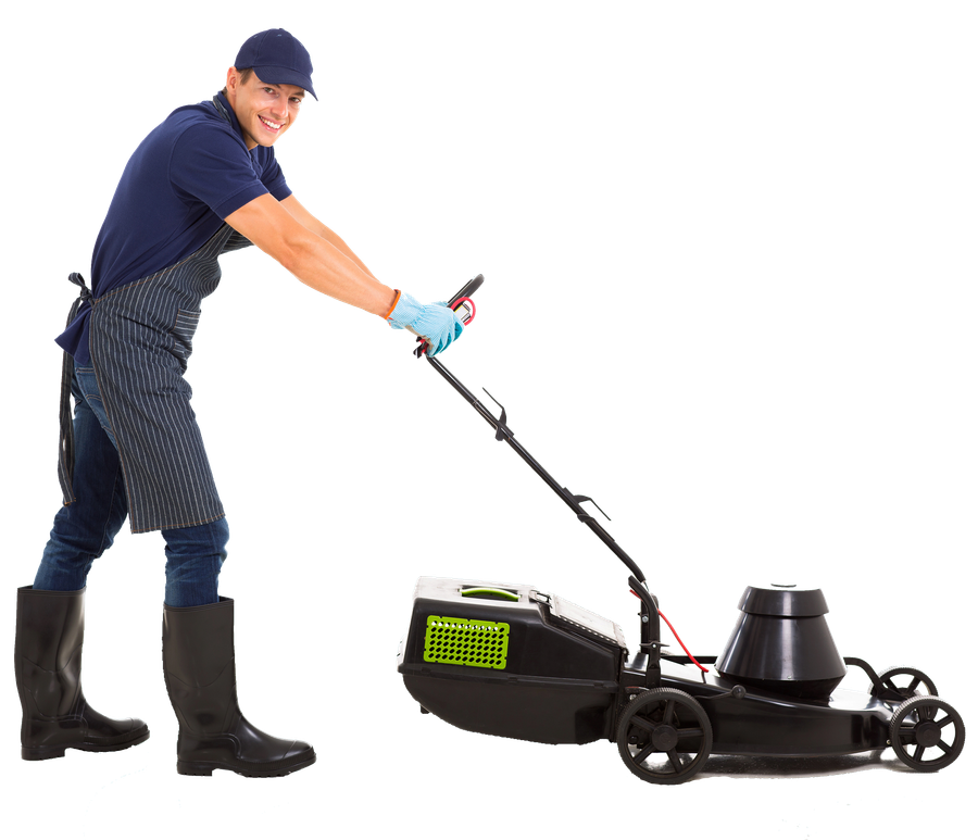 a man is pushing a lawn mower on a white background