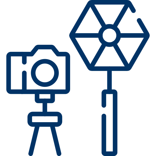 A blue camera icon on a tripod next to a hexagonal studio light.