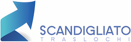 Freccia blu rivolta verso l'alto con la scritta SCANDIGLIATO. Sotto la scritta TRASLOCHI in caratteri più piccoli.
