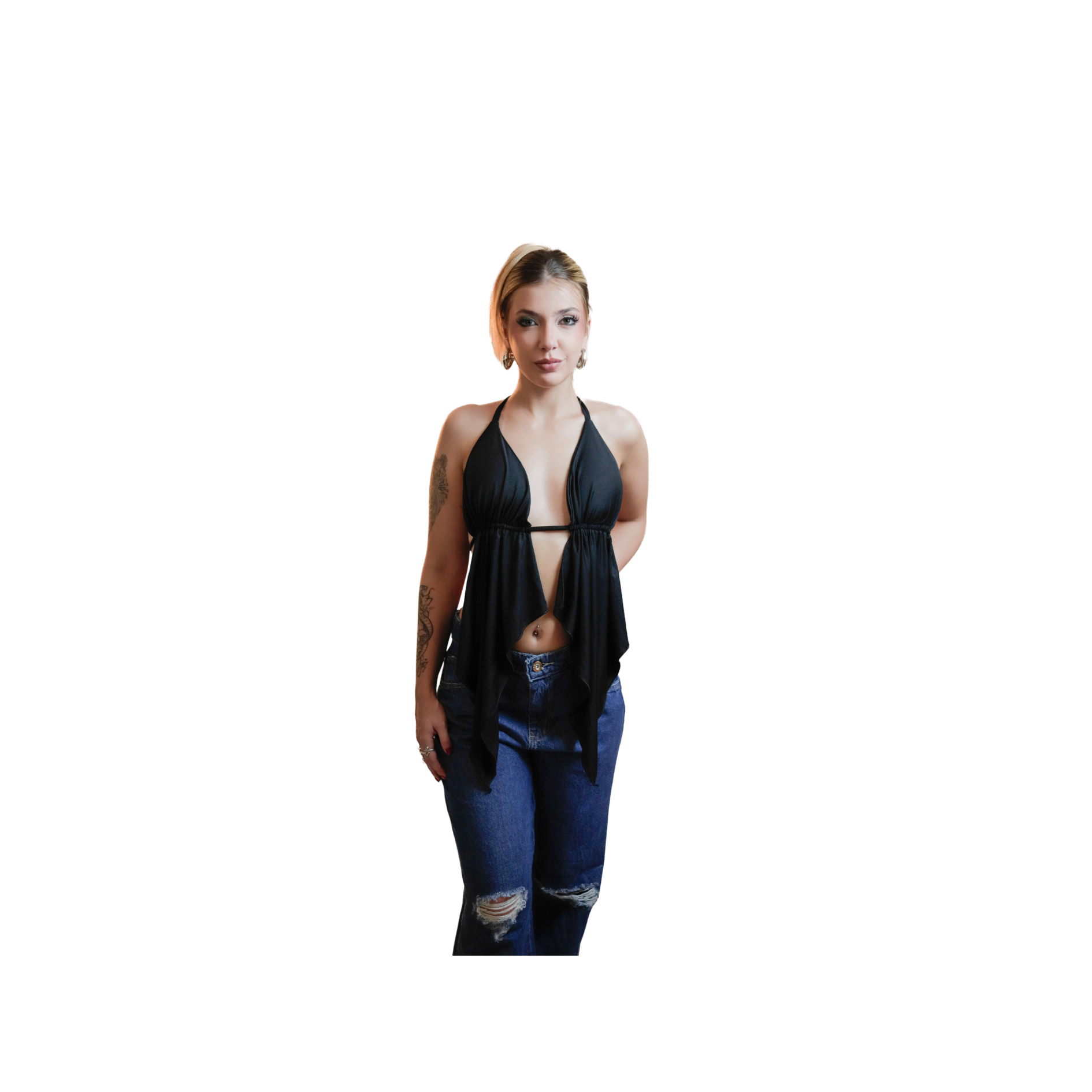 Woman in black halter top and ripped blue jeans.