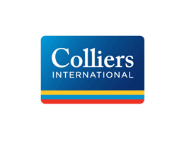 Colliers International logo: blue rectangle with white text, and horizontal yellow/blue/red stripes.
