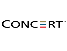 "CONCERT" logo with gold, blue, and red horizontal lines replacing the "E".