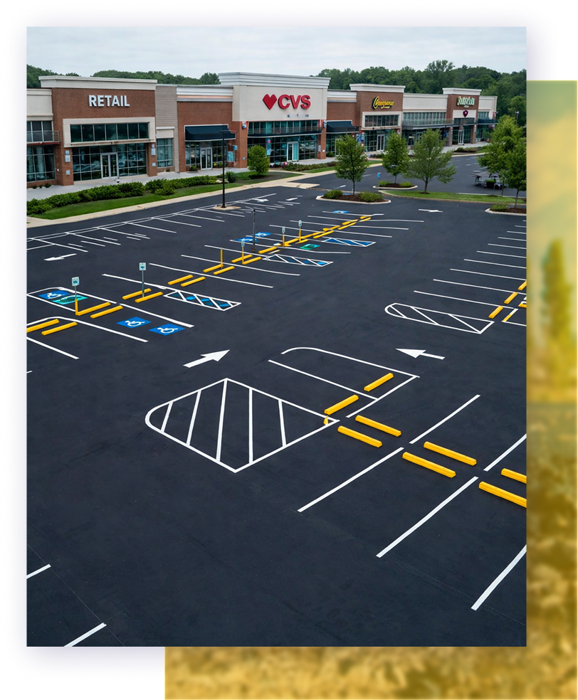 Parking lot with black asphalt, white lines, and yellow-capped wheel stops in front of a tan building with a blue door.
