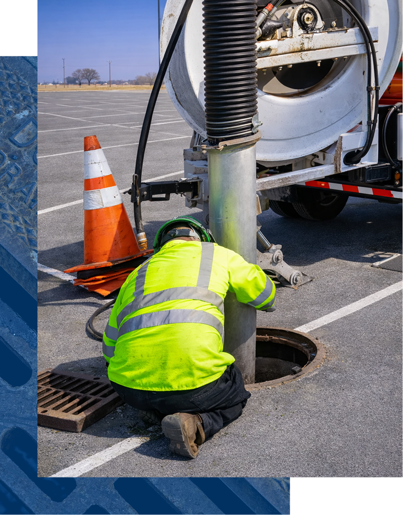 Construction worker in neon green vest working on a pipe, orange traffic cone nearby.