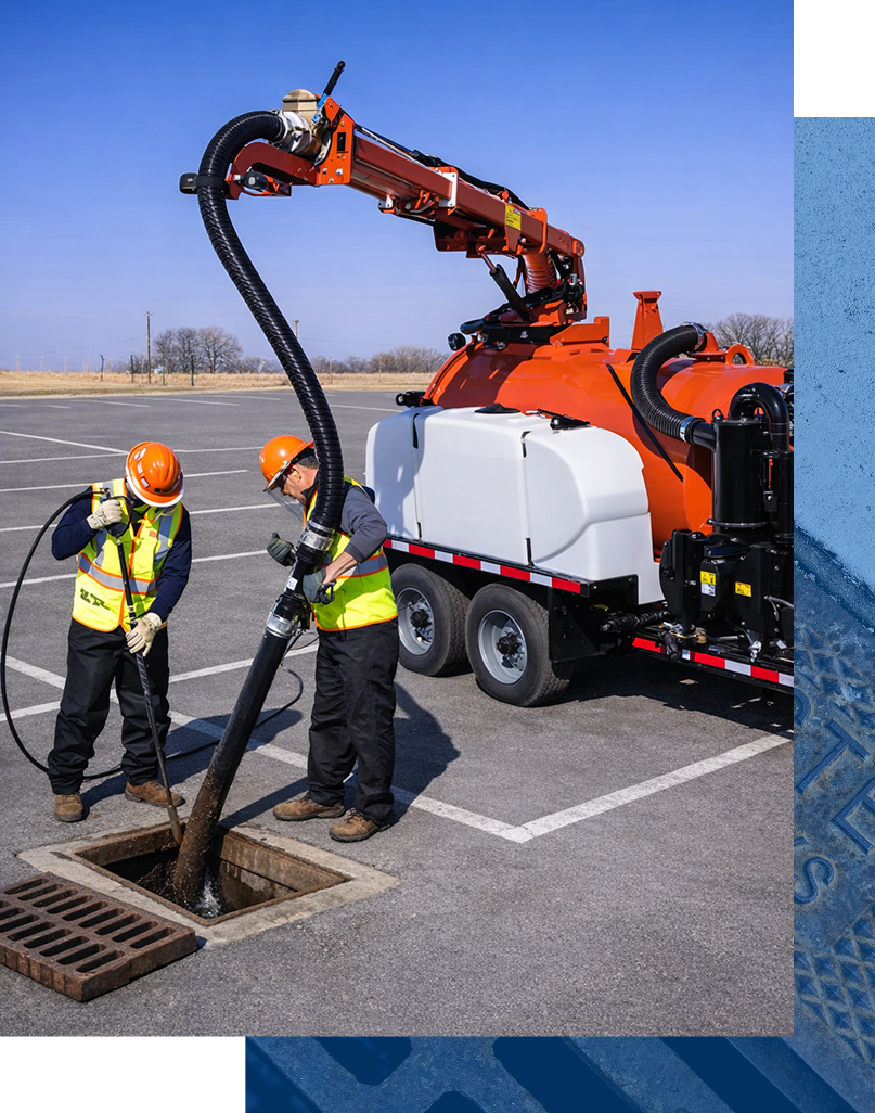 Two workers using a Ditch Witch vacuum excavator in a field. One holds a nozzle, the other a hose.