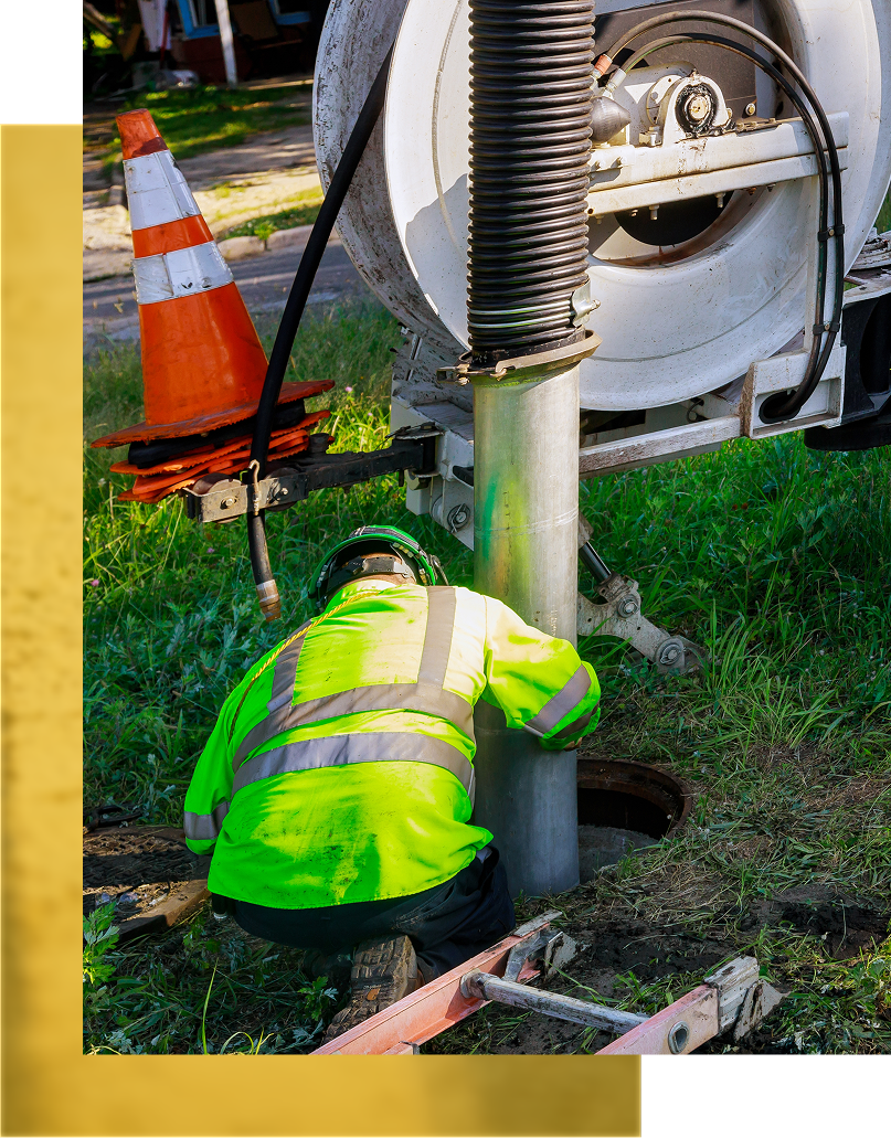 Construction worker in neon green vest working on a pipe, orange traffic cone nearby.