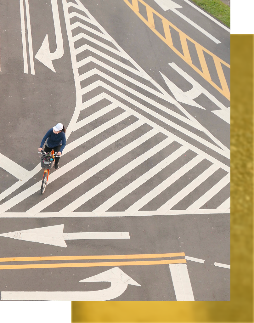 Overhead view of cyclist on a road with lane markings. White arrows indicate directions and crosswalk lines.