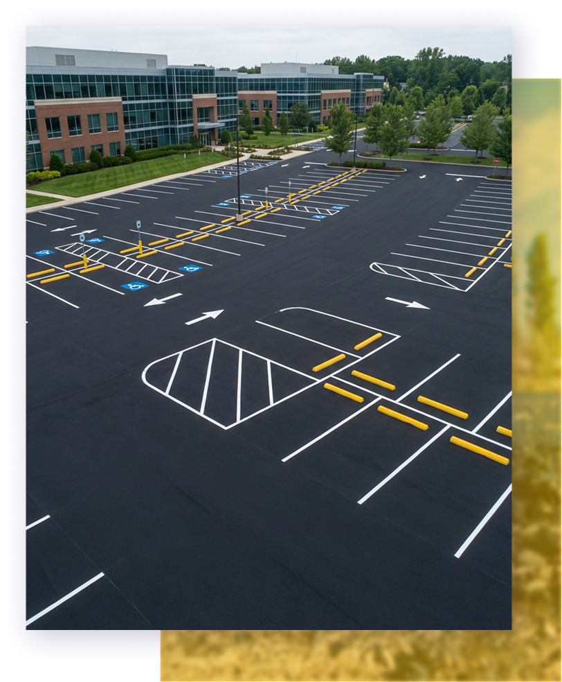Empty asphalt road with modern office buildings, trees, and blue sky.