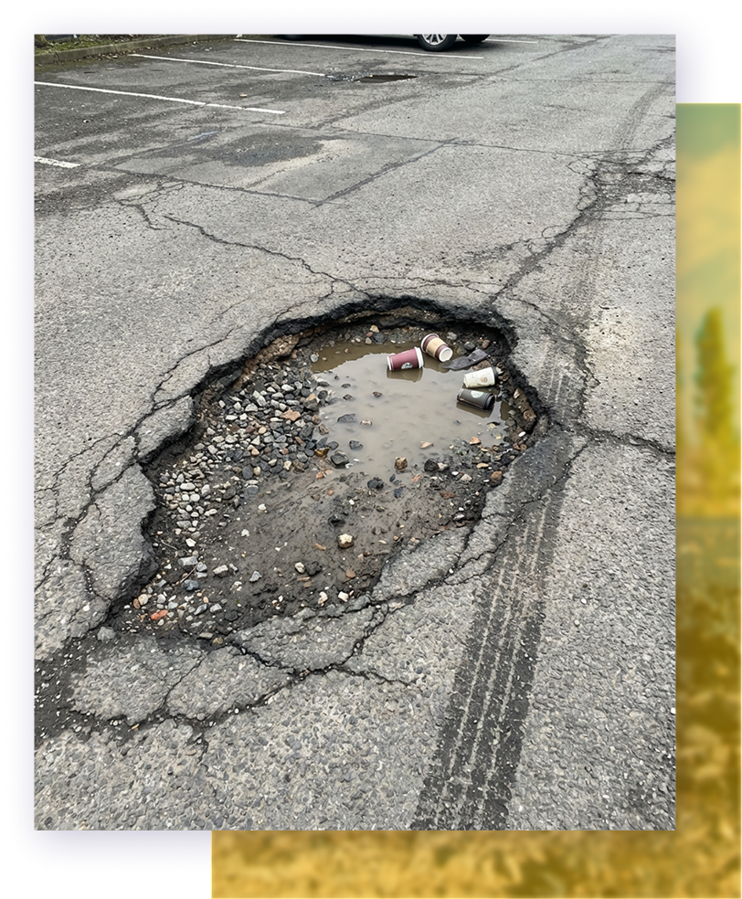 Empty asphalt road with modern office buildings, trees, and blue sky.