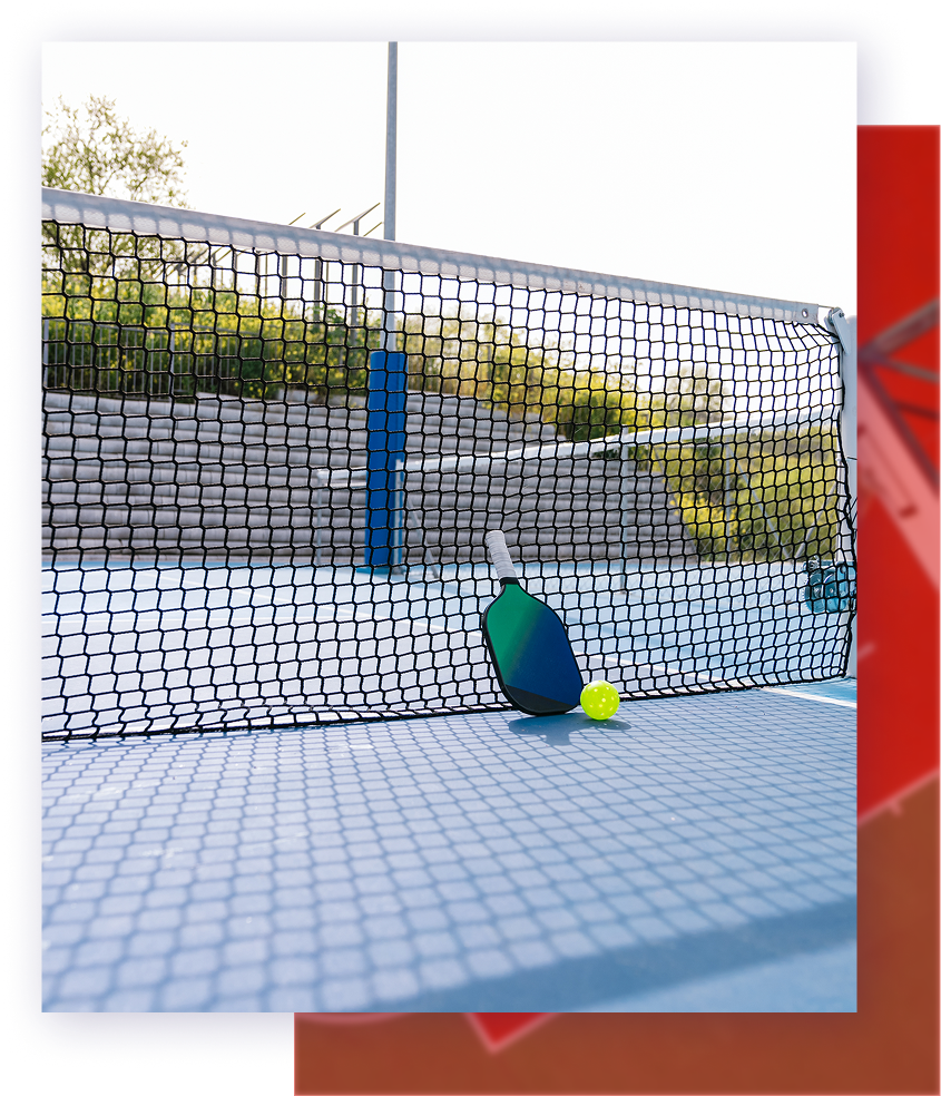 Pickleball paddle and ball resting on court by net; sunny outdoor setting.