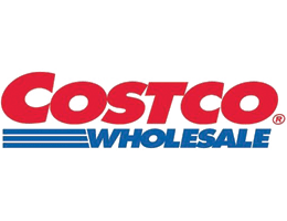 Costco Wholesale logo, red wordmark over blue lines and "WHOLESALE" text.