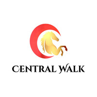Golden horse silhouette within a red crescent; the words “CENTRAL WALK” below in black serif font.