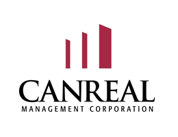 Logo for CANREAL Management Corporation: three maroon vertical shapes above black text.