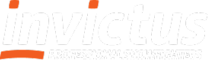 Invictus logo in white text with orange accents; 