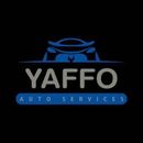 A logo for yaffo auto services with a blue car on a black background.