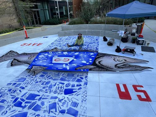 Detail image: Save the Salmon Public Art mural at the CA Natural Resources Plaza in Sacramento CA by Ilena Finocchi