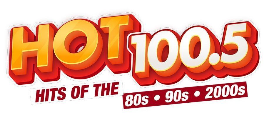 the logo for hot 100.5 hits of the 80s , 90s , and 2000s