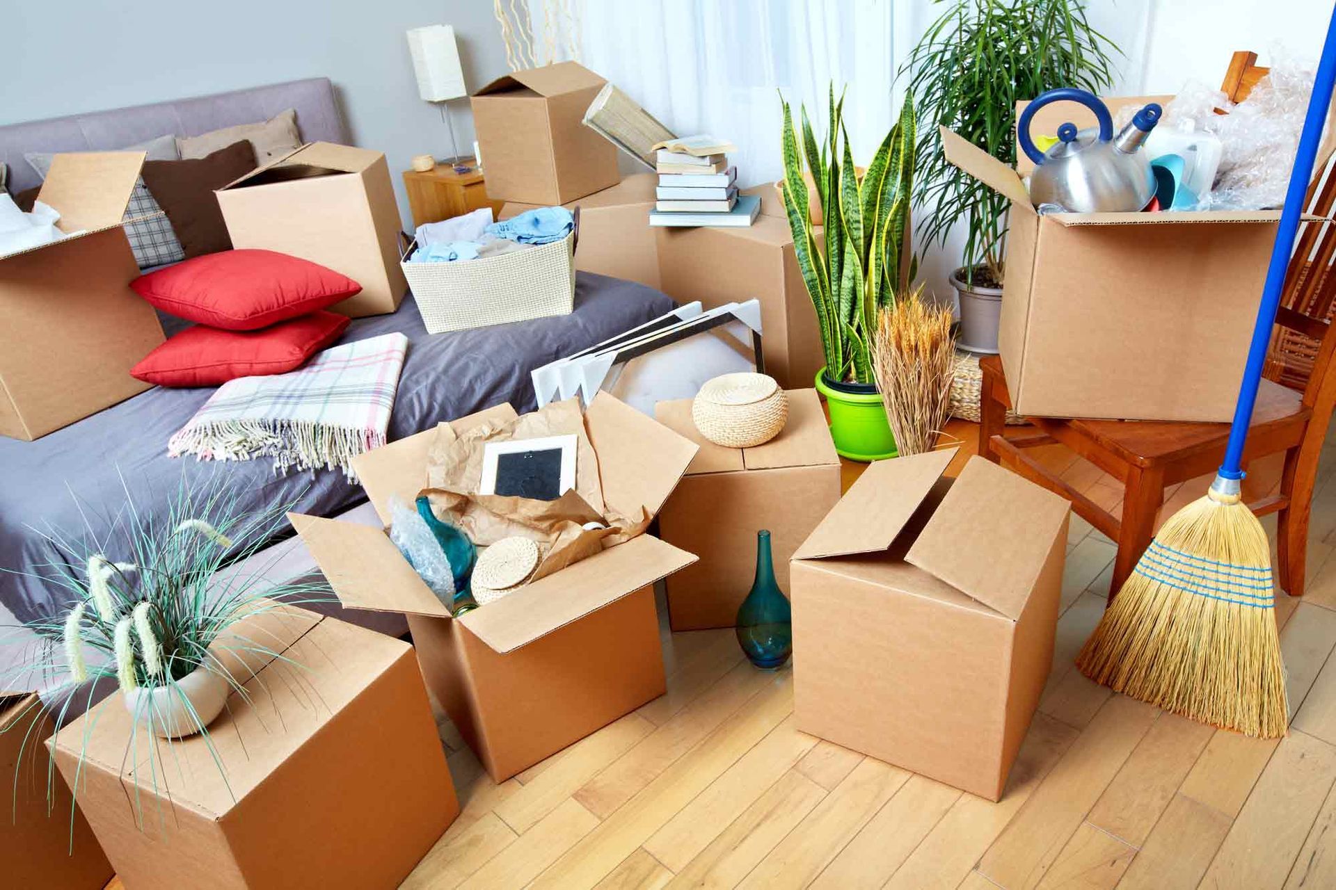 A room filled with cardboard boxes, furniture, and personal belongings, suggesting a move in progress.
