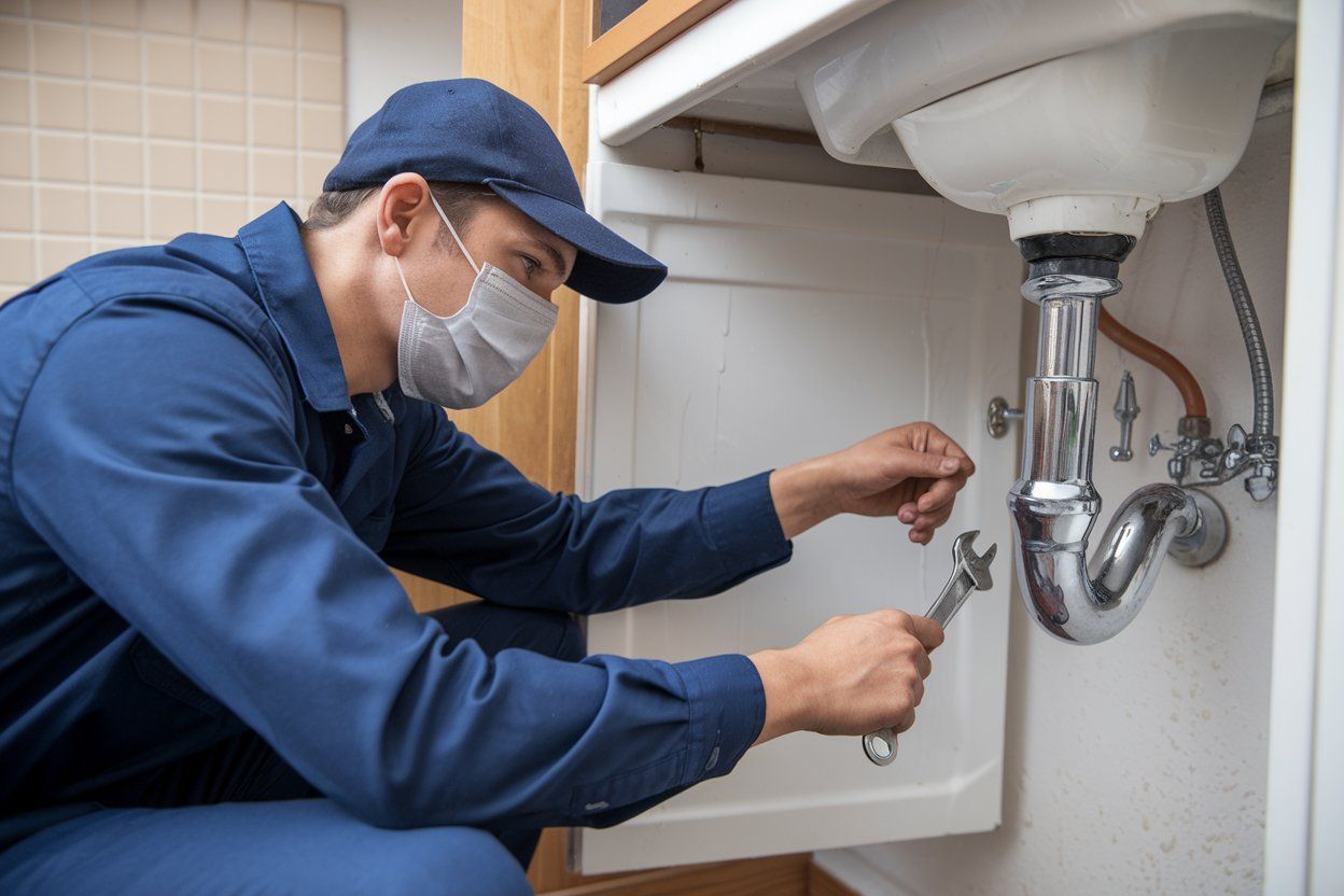 A plumber wearing a mask is fixing a sink with a wrench.