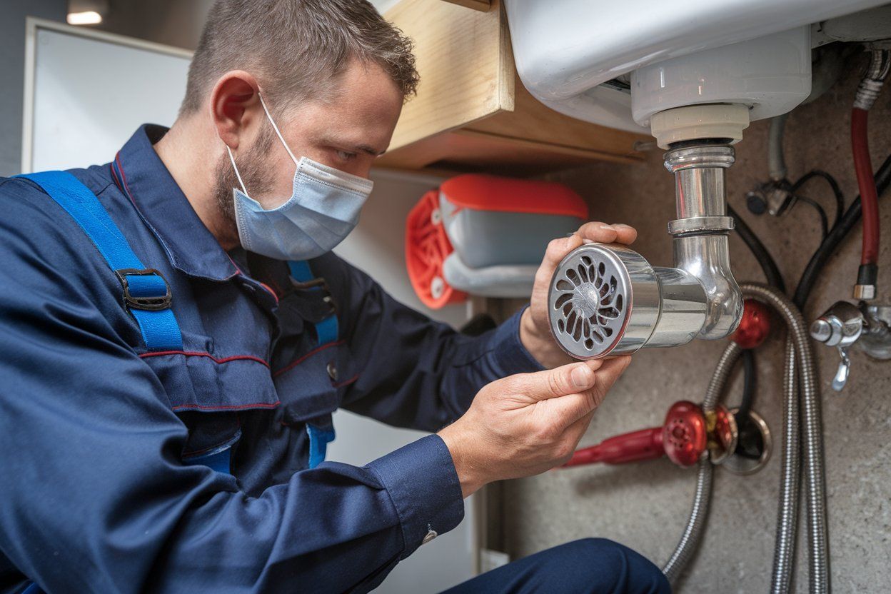 A plumber wearing a mask is fixing a sink pipe.