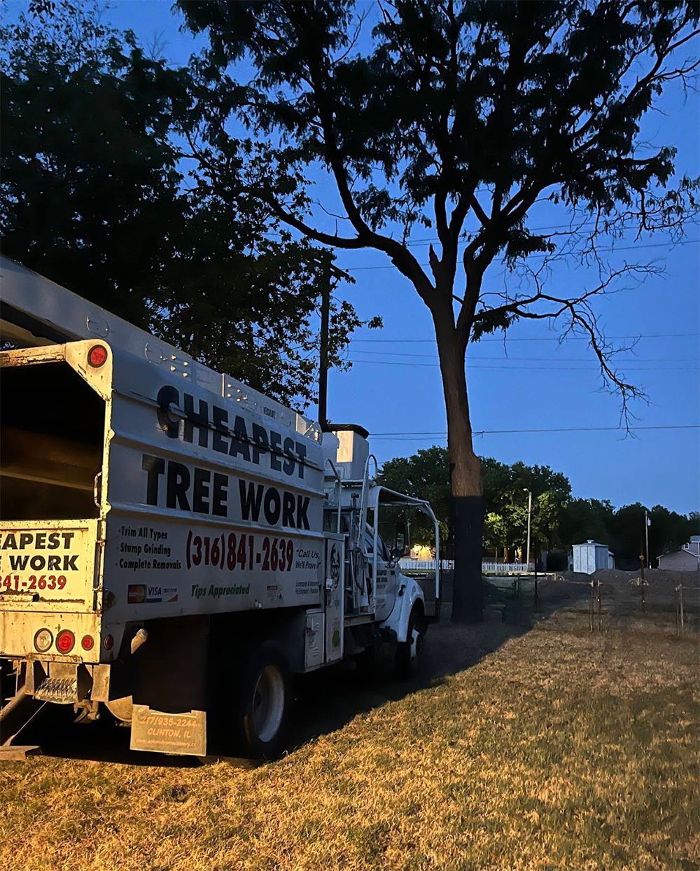 A cheaper tree work truck is parked next to a tree