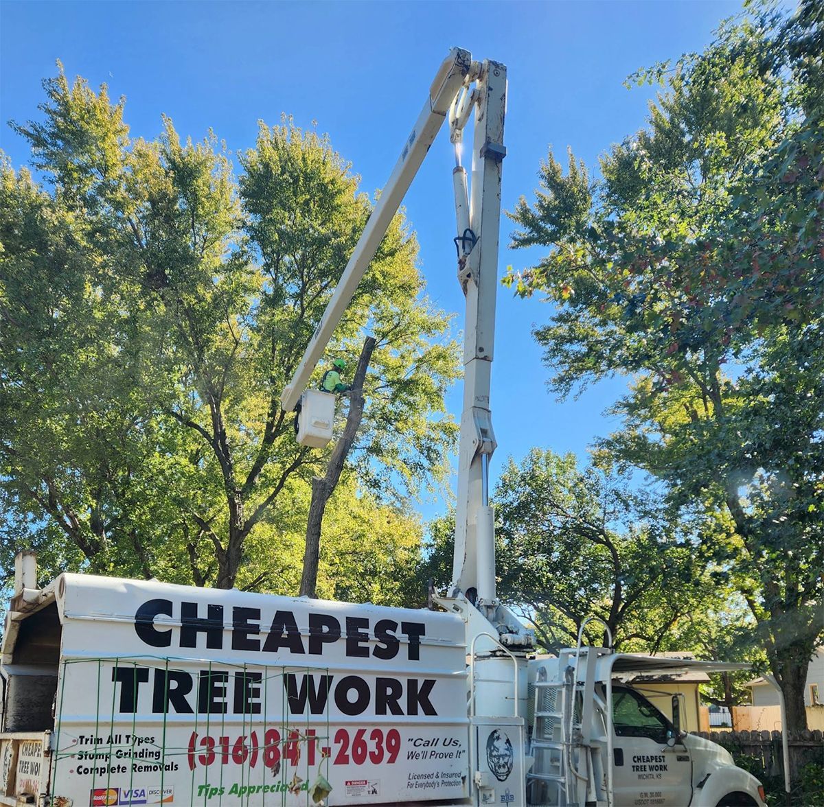 A cheapest tree work truck is parked in front of trees