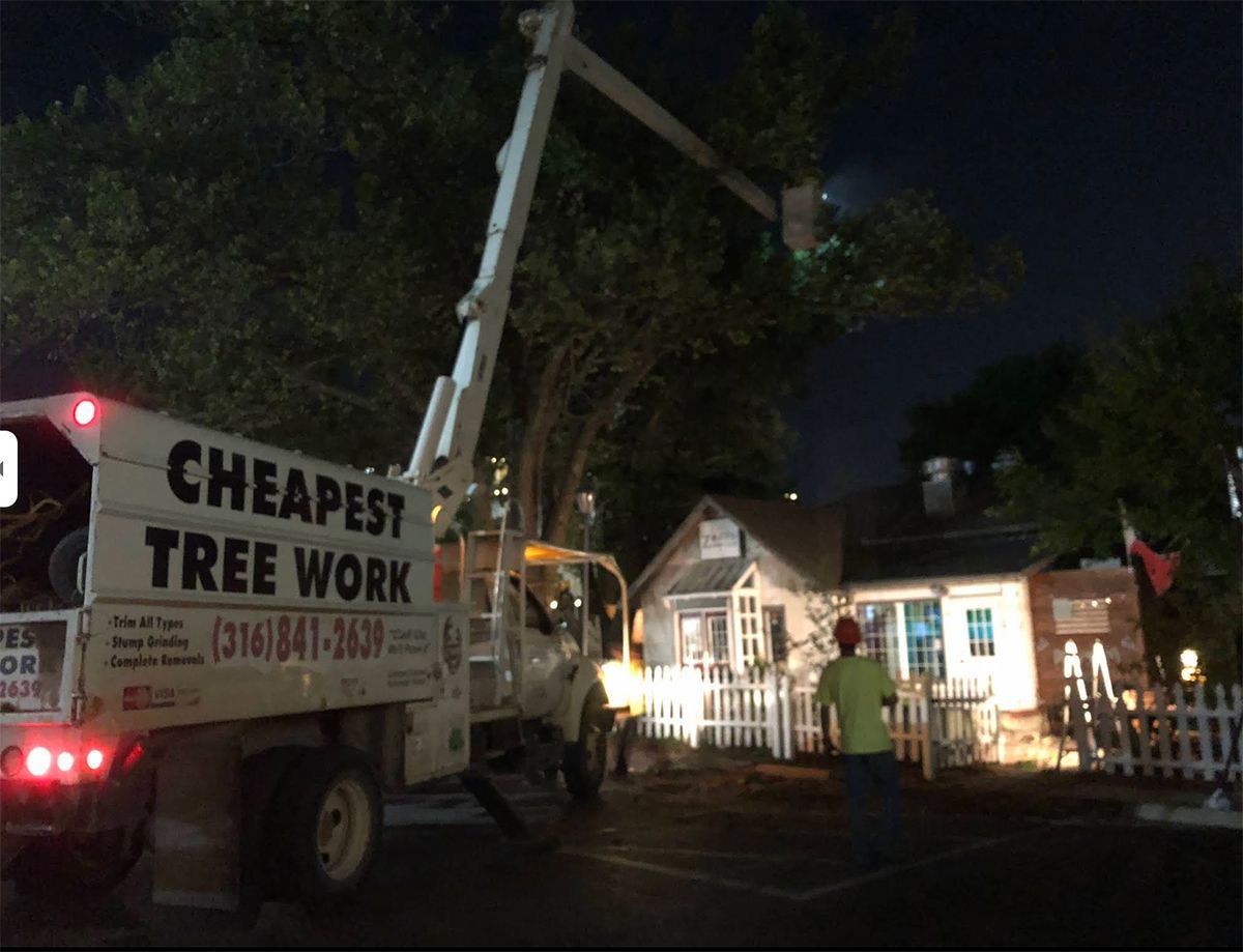 A cheapest tree work truck is parked in front of a house