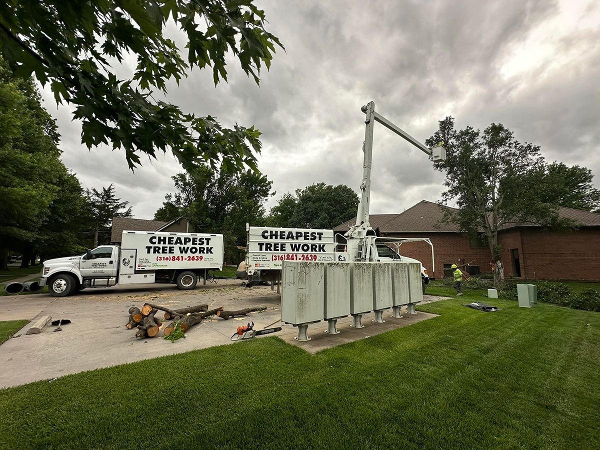 A tree cutting truck is parked in front of a house.