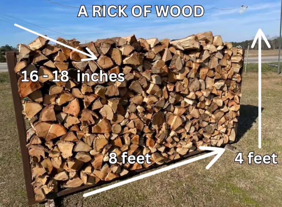 A rectangular rick of firewood, approximately 8'x4', with logs measuring 16-18 inches.