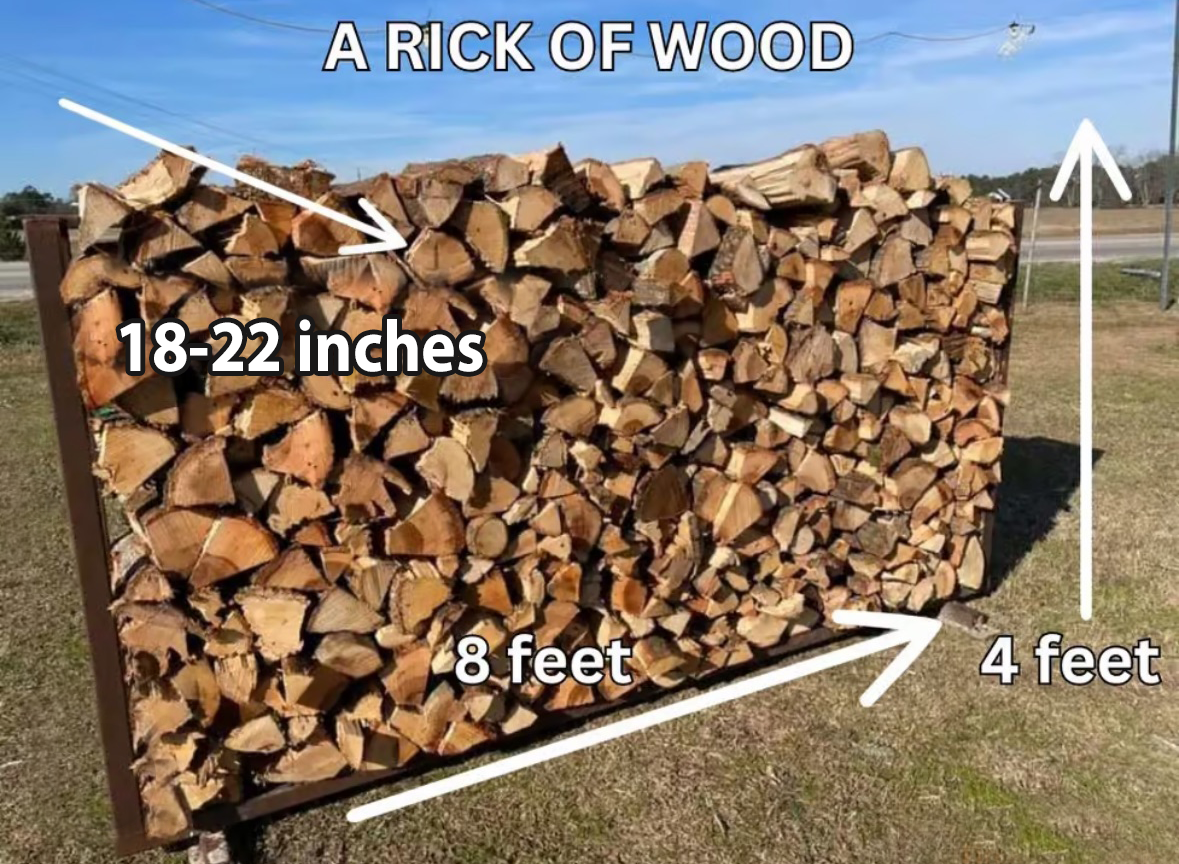 A rectangular rick of firewood, approximately 8'x4', with logs measuring 16-18 inches.