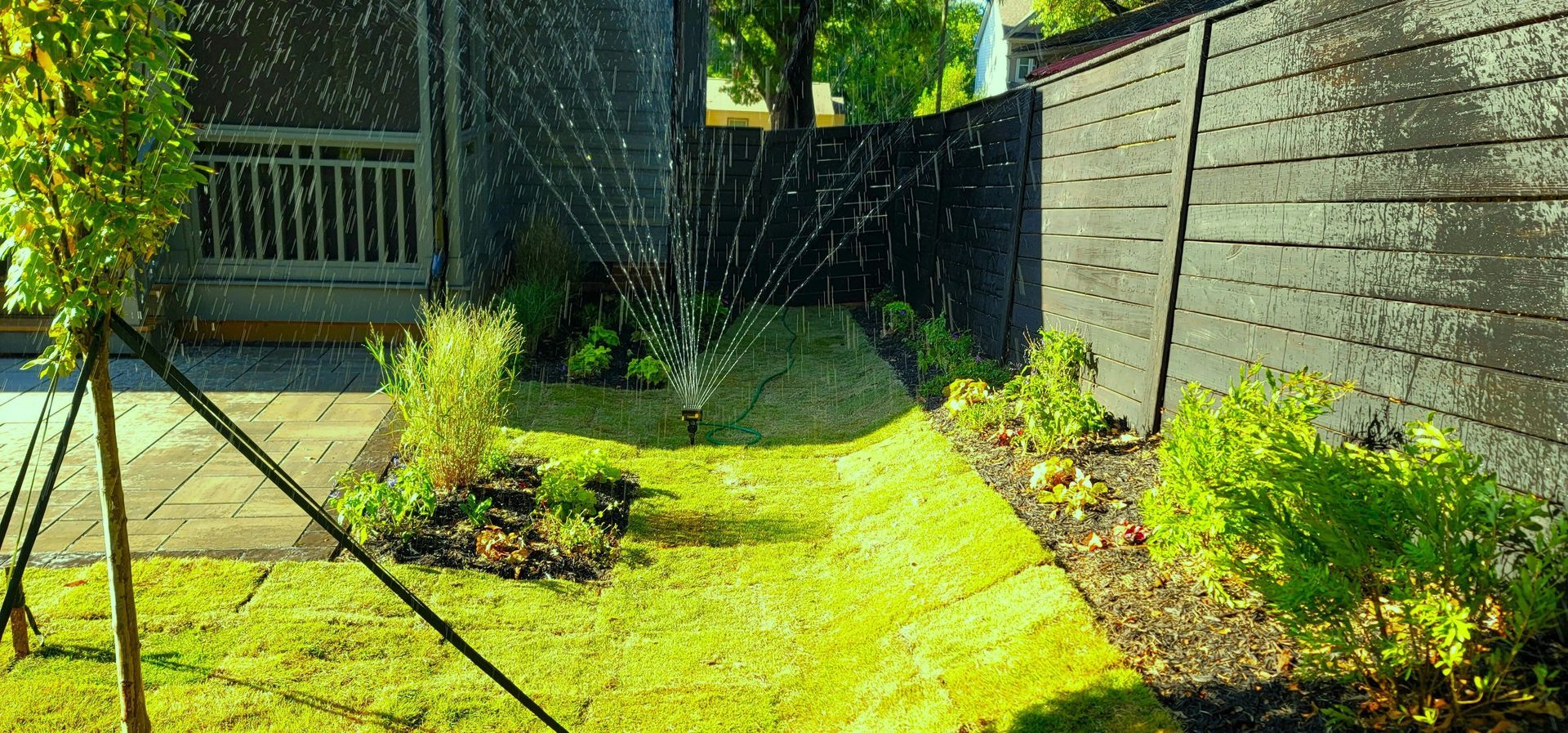 An after picture of a home in Charlotte, NC with a finished origami landscape installation by Haven Landscape Design.