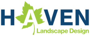 A logo for haven landscape design with a maple leaf