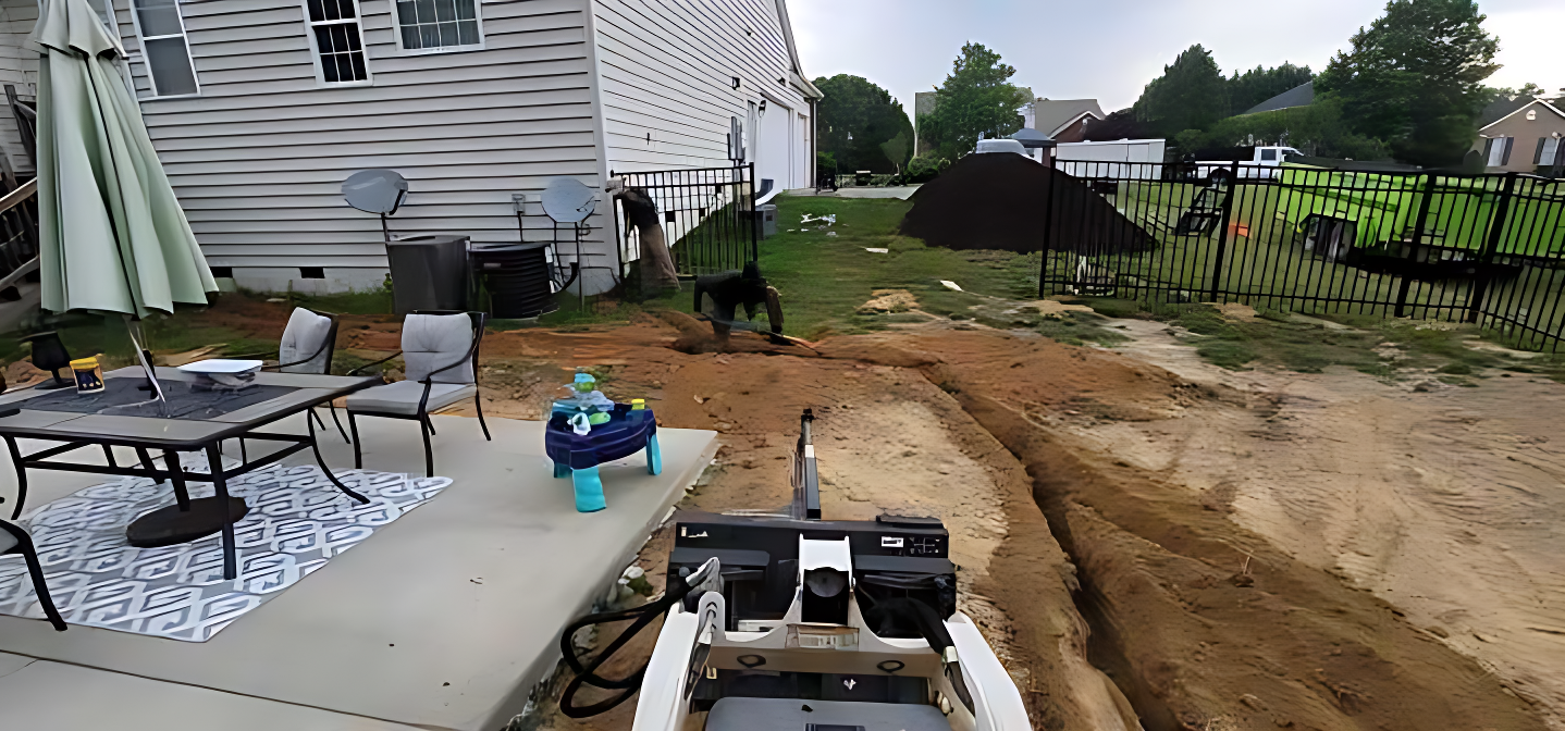 A machine is digging a hole in the dirt in front of a house.