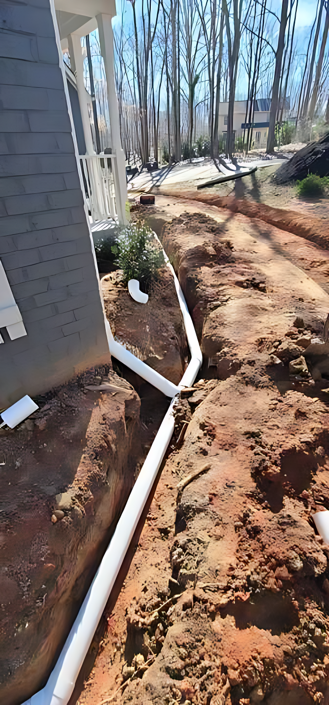 A drain pipe is being installed in the dirt next to a house.