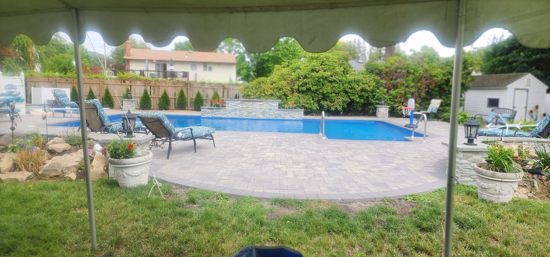 A large swimming pool is in the backyard of a house.