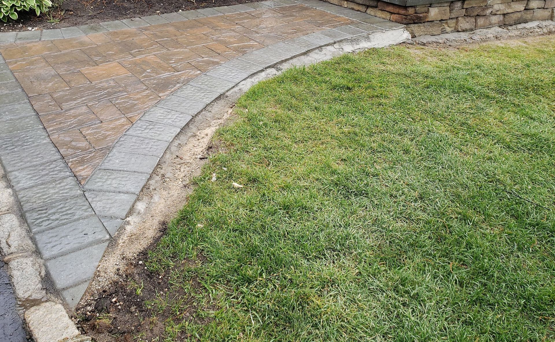 A lush green lawn with a walkway in the background.