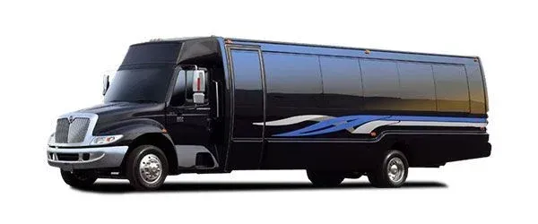 Black bus with tinted windows and blue accents.