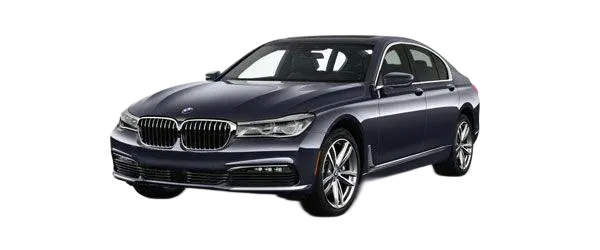 Dark blue BMW sedan parked on a white background.