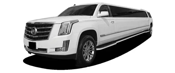 White Cadillac Escalade limousine on a white background, casting a shadow.