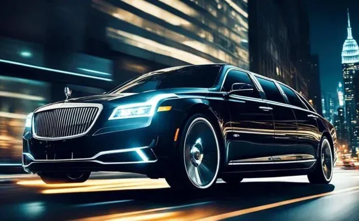 A sleek black limousine speeding through a nighttime city, bright lights reflecting off its glossy finish.
