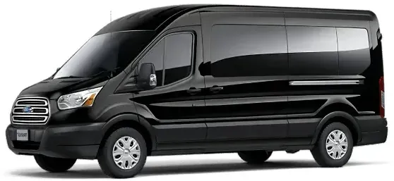 Black passenger van parked on pavement.