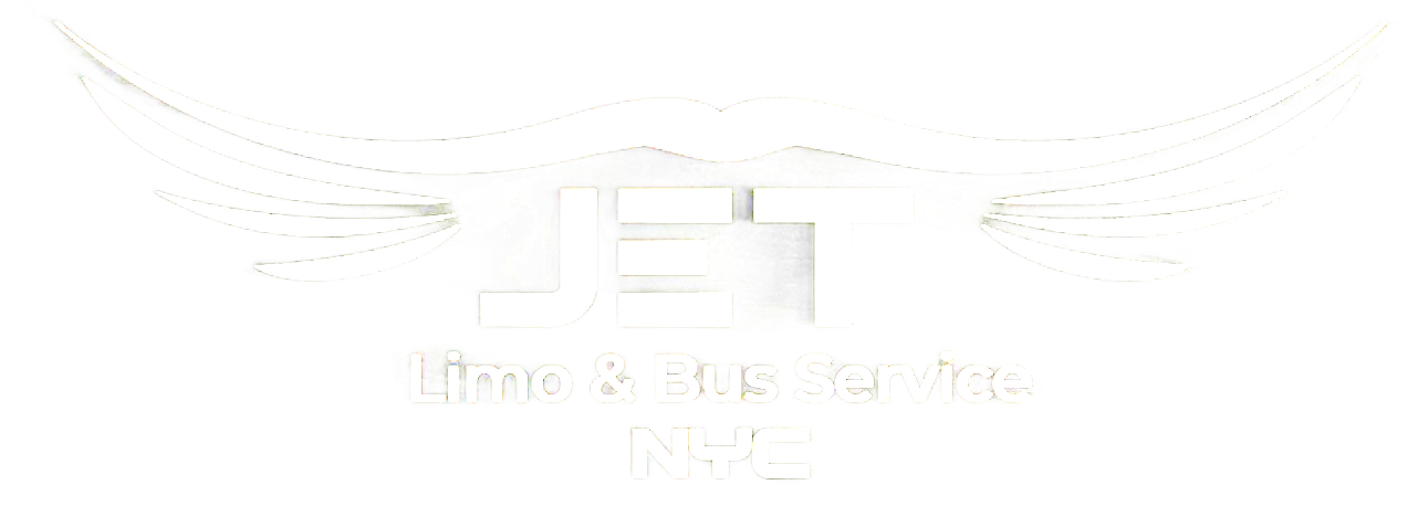 Logo for JET Limo & Bus Service NYC: white wings over "JET" text on a black background.