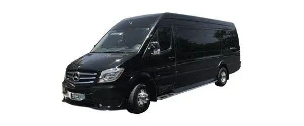 Black Mercedes Sprinter van, parked on a white background.
